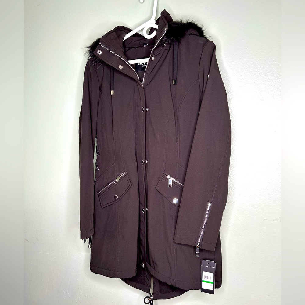 Women’s Guess Faux Fur Trim Parka Coat Size: Large, New,